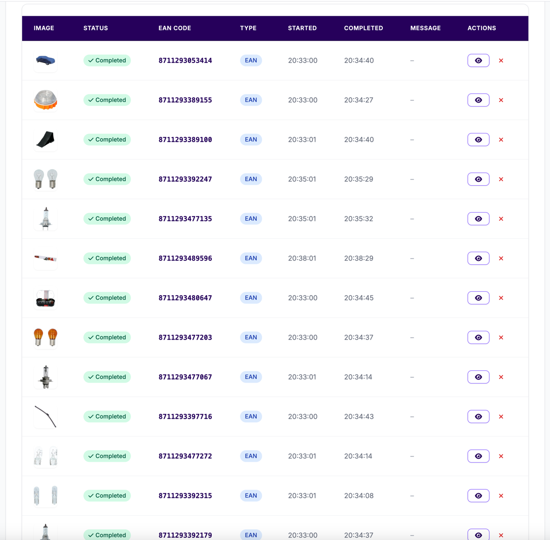 TextBrew batch processing queue showing completed EAN products
