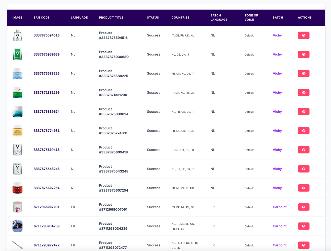 TextBrew multi-country product data table with batch and tone of voice columns
