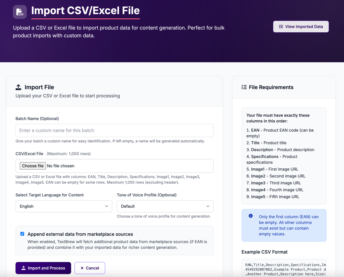 TextBrew CSV and Excel import with file requirements and language selection