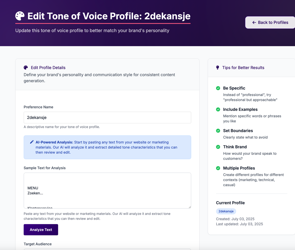 TextBrew tone of voice profile editor with AI-powered text analysis